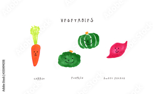かわいい 秋 野菜 イラスト にんじん かぼちゃ さつまいも 秋野菜のかわいい手書きイラスト イラストセット 手描き 秋 野菜 ほのぼの にこにこ 笑顔 楽しい ハッピー カラフル 可愛い 白背景 コピースペース 文字スペース 余白 ホワイトスペース グラフィック
