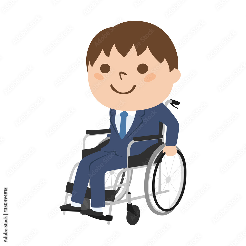 車いすに座ったスーツ姿の若い男性のイラスト。 車いすに座ったスーツ姿の若い男性のイラスト。
