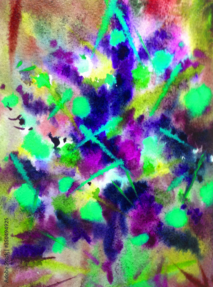 Watercolor colorful bright textured abstract background handmade .  Painting of Christmas tree , made in the technique of watercolors from nature