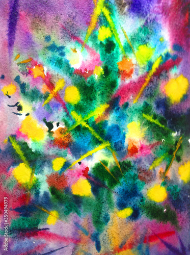 Watercolor colorful bright textured abstract background handmade .  Painting of Christmas tree   made in the technique of watercolors from nature