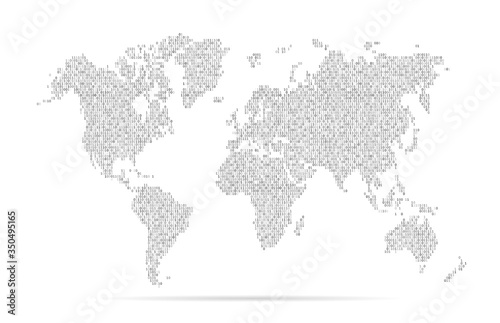Binary digital code map world. Connect network. World wide web. Earth globe. Worldmap global. Worldwide continents isolated on white background. Internet planet. Continent designs. Numbers 1,0. Vector