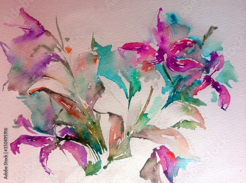 Abstract bright colored decorative background . Floral pattern handmade . Beautiful tender romantic bouquet of summer lily  flowers , made in the technique of watercolors from nature. photo