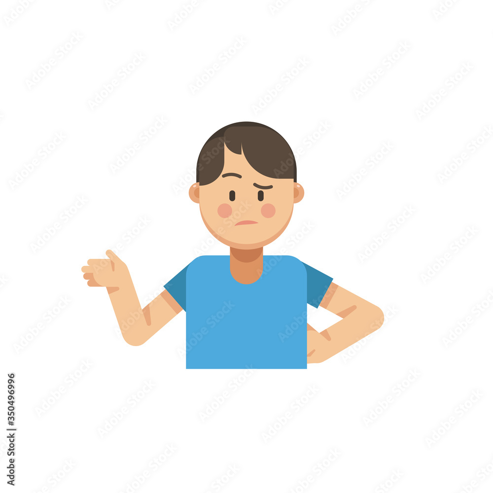 Young man gesturing, lift his hand with confident face, flat design man character, vector illustration, isolated on white background Young man gesturing, lift his hand with confident face, flat design man character, vector illustration, isolated on white background