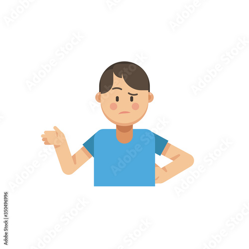 Young man gesturing, lift his hand with confident face, flat design man character, vector illustration, isolated on white background