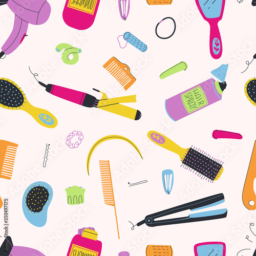 Seamless pattern of hairing styling kit. Combs, hair dryer, accessories, straightener and etc. Flat vector illustration.