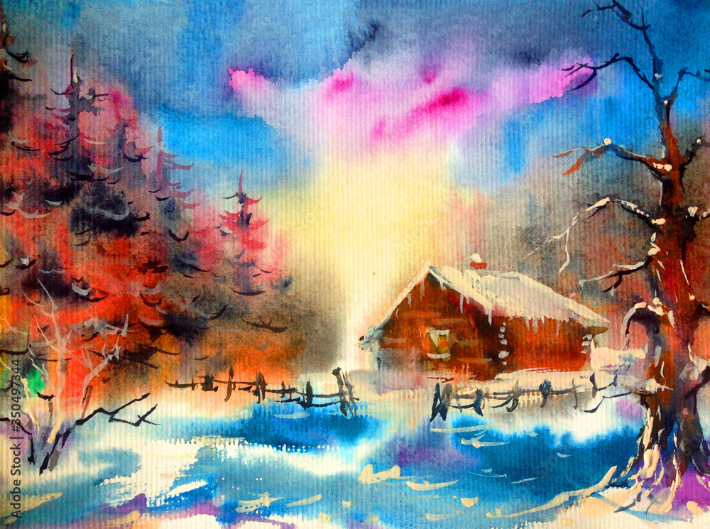 Watercolor colorful bright textured abstract background handmade . Mediterranean landscape . Painting of old  village  in winter, made in the technique of watercolors from nature