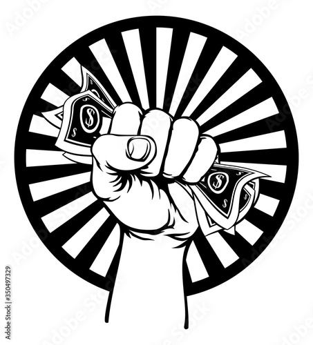 A fist hand holding money in the form of cash paper dollar bills in a vintage intaglio woodcut engraved or retro propaganda style