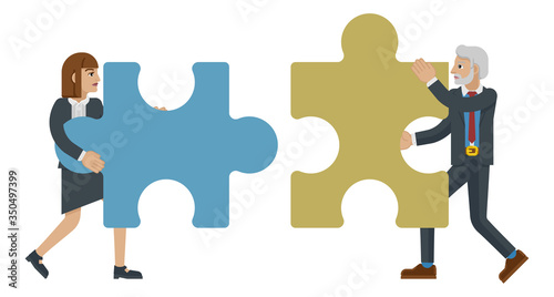 A puzzle piece jigsaw character concept of two business people working together in partnership or as a team