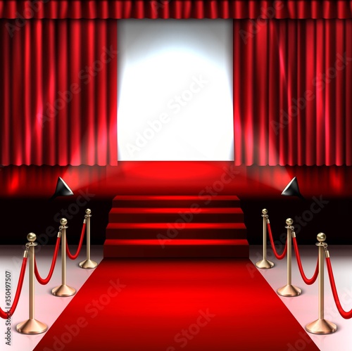 Vector 3d realistic stage with red carpet and spotlight and gold barrier.