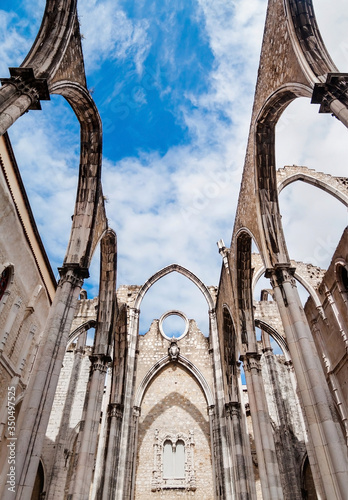 Wide panoramic view of Ruins of the Gothic Church of Our Lady of Mount Carmel (Igreja do Carmo). Lisbon, Portugal