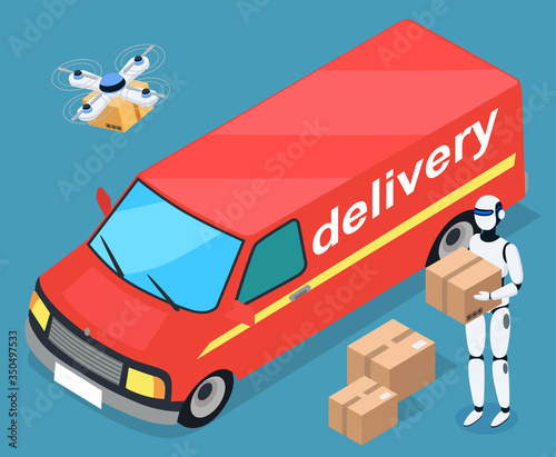 Robotic character carrying order of client fulfilling order. Delivery and shipment of boxes and cargo. Drone flying with carton box. Car with products inside, logistics service. Vector in isometric