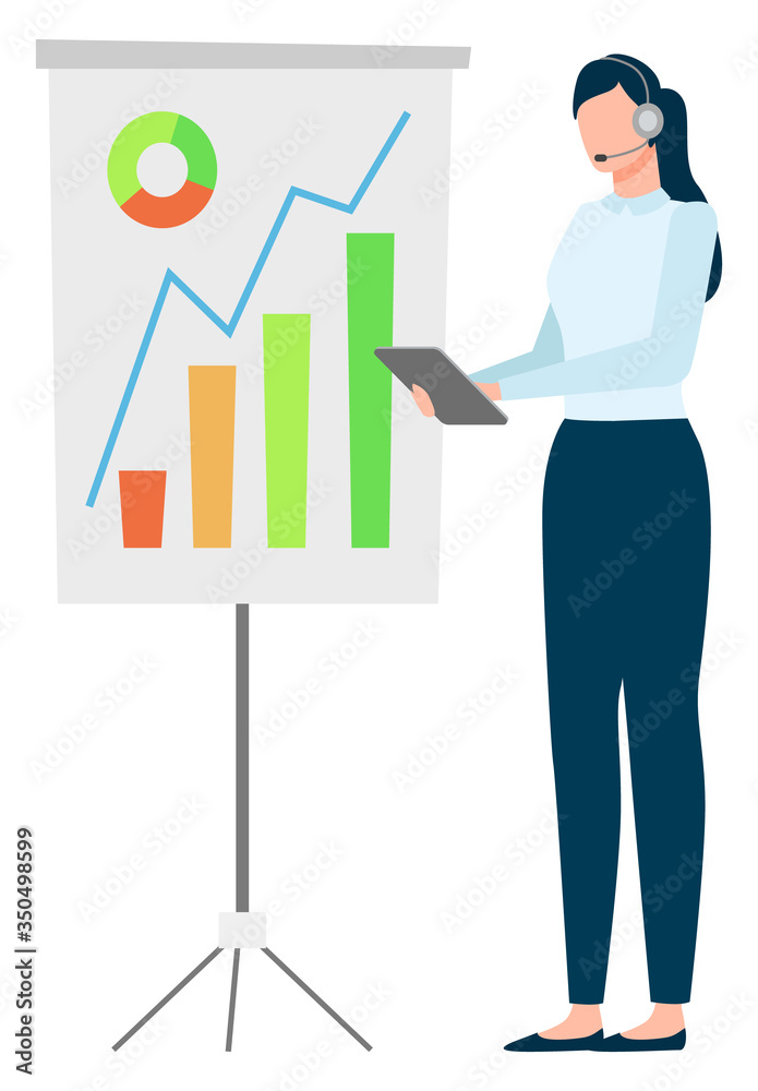 Female character at work vector, isolated woman wearing headphones. Business presentation analytics and stats, personage reading from document tablet Female character at work vector, isolated woman wearing headphones. Business presentation analytics and stats, personage reading from document tablet