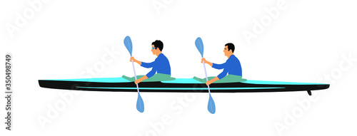 Teamwork of two kayakers paddling double kayak in competition race vector illustration isolated. Sport man crew in kayak boat racing. Weekend team building on river. Sport canoe duo rowing in sprint. 