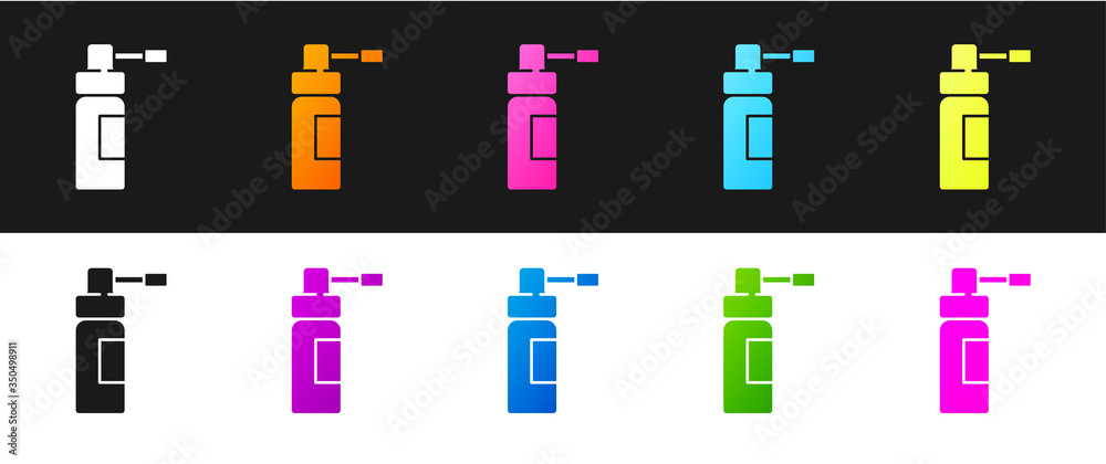 Set Medical bottle with nozzle spray for the treatment of diseases of the nose and throat icon isolated on black and white background. Vector Set Medical bottle with nozzle spray for the treatment of diseases of the nose and throat icon isolated on black and white background. Vector