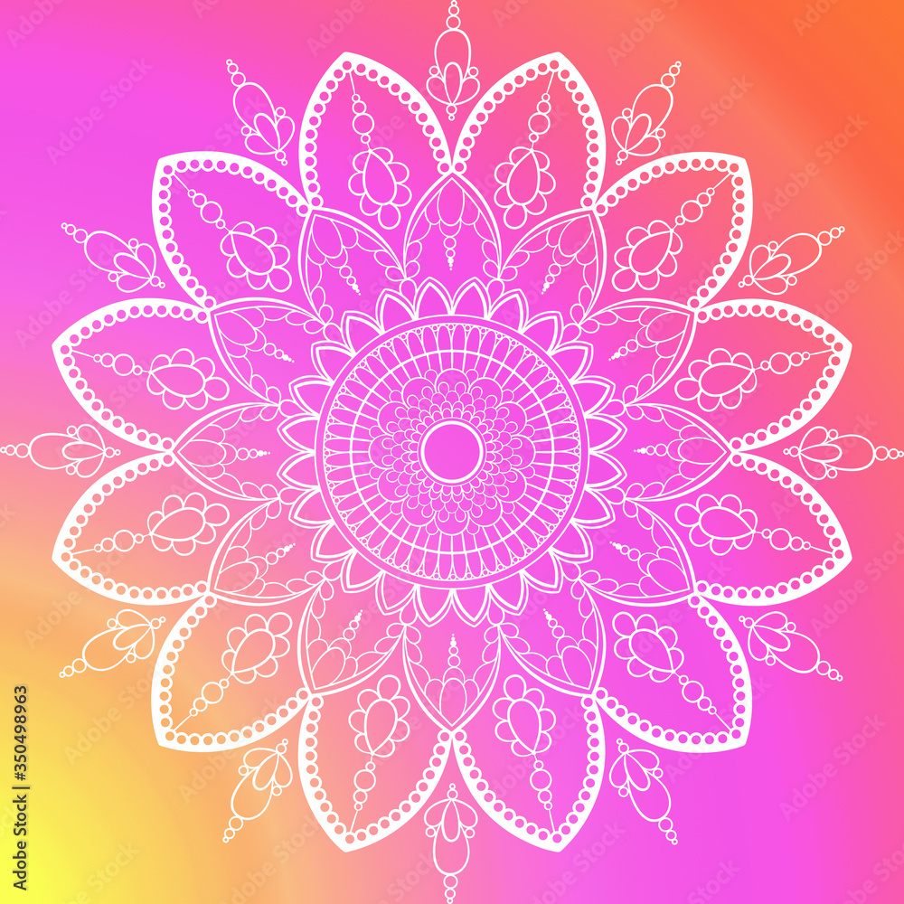 Oriental indian white lace mandala on vibrant background..Use as decoration for.advertisement, book covers, business logo, doily surface, yoga classes and posters design Oriental indian white lace mandala on vibrant background..Use as decoration for.advertisement, book covers, business logo, doily surface, yoga classes and posters design