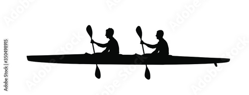 Teamwork of two kayakers paddling double kayak in competition race vector silhouette isolated. Sport man crew in kayak boat racing. Weekend team building on river. Sport canoe duo rowing in sprint. 