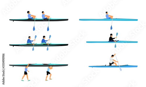 Teamwork of two kayakers paddling double kayak in competition race vector illustration isolated. Sport man crew in kayak boat racing. Weekend team building on river. Sport canoe duo rowing in sprint. 
