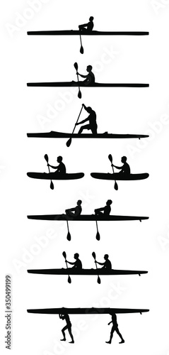 Teamwork kayakers paddling double kayak in competition race vector silhouette isolated. Sport man crew in kayak boat racing. Weekend team building on river. Sport canoe rowing in sprint. Athlete man.