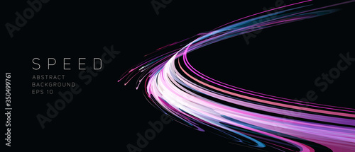 Dynamic composition of bright lines forming lights track of speed movement, futuristic dark background with neon glow, graphic design element photo