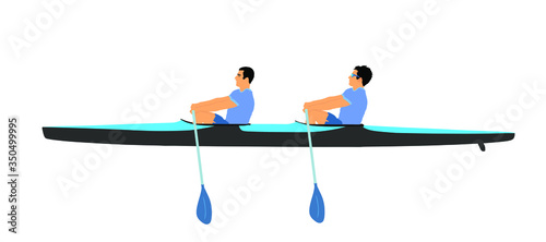 Teamwork of two kayakers paddling double kayak in competition race vector illustration isolated. Sport man crew in kayak boat racing. Weekend team building on river. Sport canoe duo rowing in sprint. 