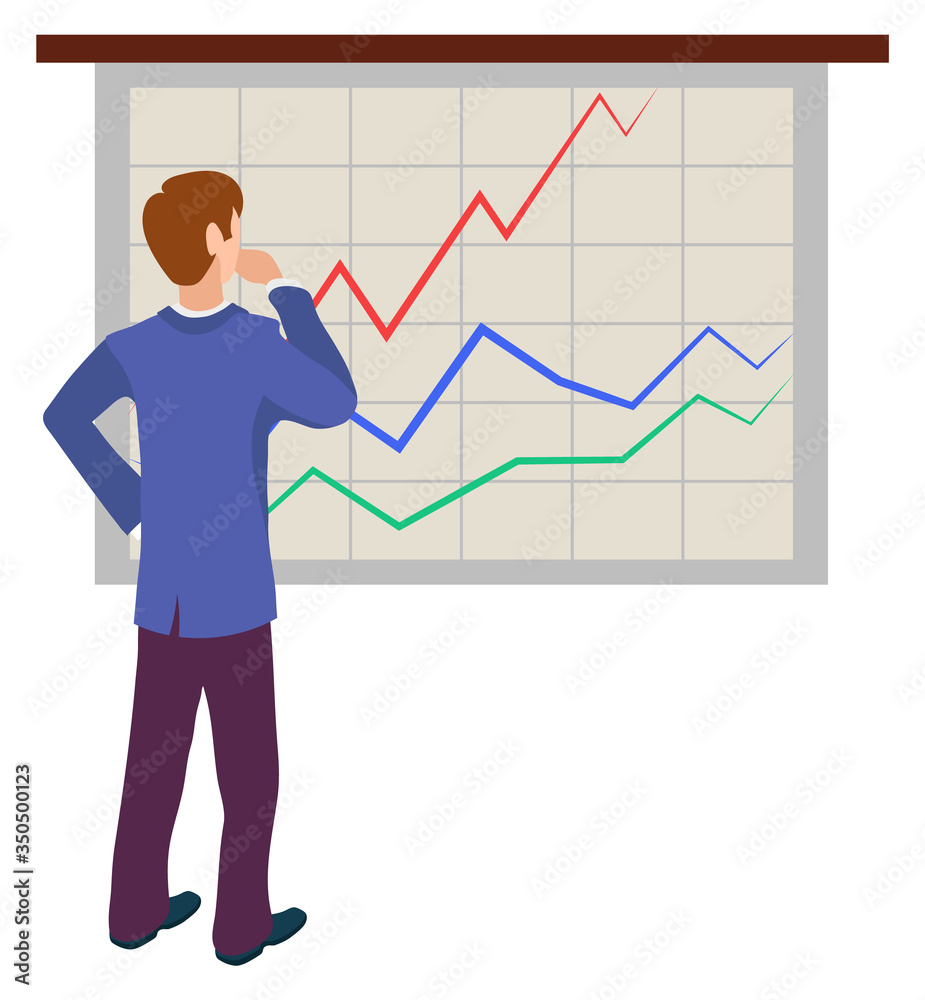 Man analyzing sales on graphs and charts, join to our team concept. Vector male cartoon character back view looking at statistics data, work in team and cooperation Man analyzing sales on graphs and charts, join to our team concept. Vector male cartoon character back view looking at statistics data, work in team and cooperation