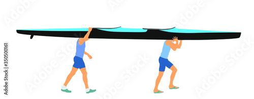 Kayakers carries kayak on they shoulders, before entering in water (river,lake, ocean, sea) vector illustration isolated on white background. Sport man kayak crew practice rafting on training. 