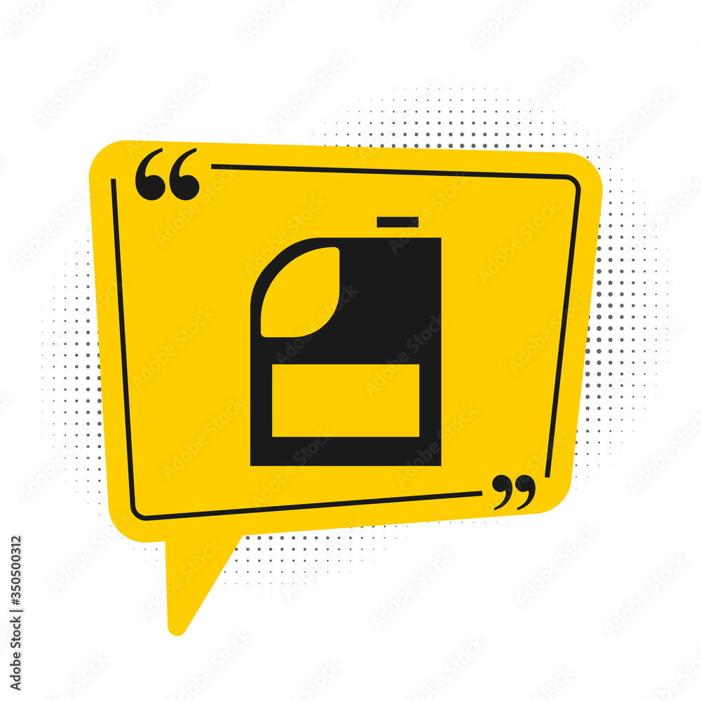 Black Canister for motor machine oil icon isolated on white background. Oil gallon. Oil change service and repair. Engine oil sign. Yellow speech bubble symbol. Vector Black Canister for motor machine oil icon isolated on white background. Oil gallon. Oil change service and repair. Engine oil sign. Yellow speech bubble symbol. Vector
