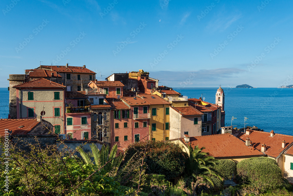 The ancient and small village of Tellaro and Mediterranean sea, Lerici municipality, Gulf of La Spezia, Liguria, Italy, Europe