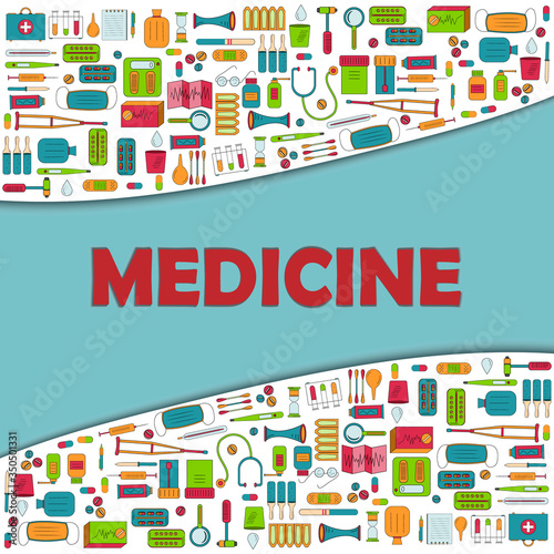Wavy border border on the theme of medicine, color on a blue background, flat design, vector illustration, design, banner