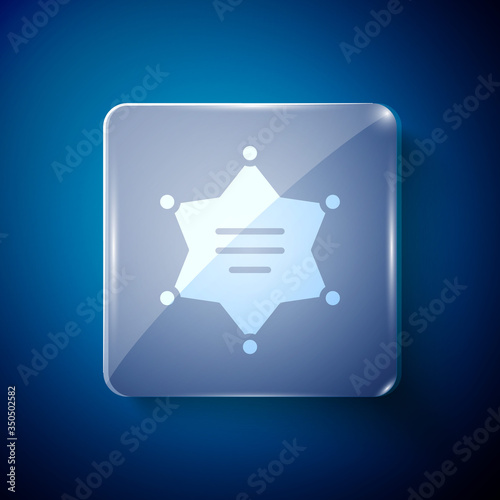 White Hexagram sheriff icon isolated on blue background. Police badge icon. Square glass panels. Vector