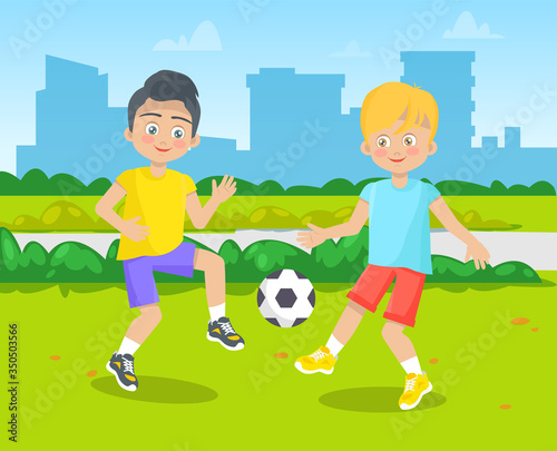 Classmates playing on green ground, pupils activity outdoor. Boys kicking ball, building view, children education, soccer player, school symbol vector