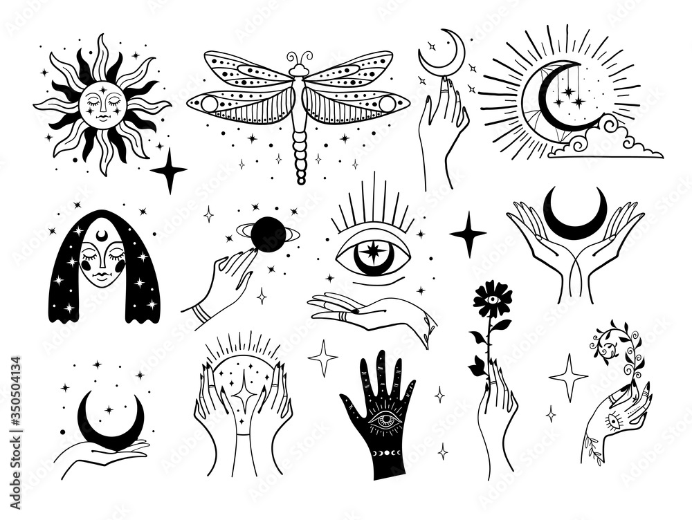 Set of magic symbols, witch tattoos. Crescent moon, sun with face, hands  with plants, magic ball and stars. Black linear sketch, boho design, modern  vector illustration Stock Vector | Adobe Stock