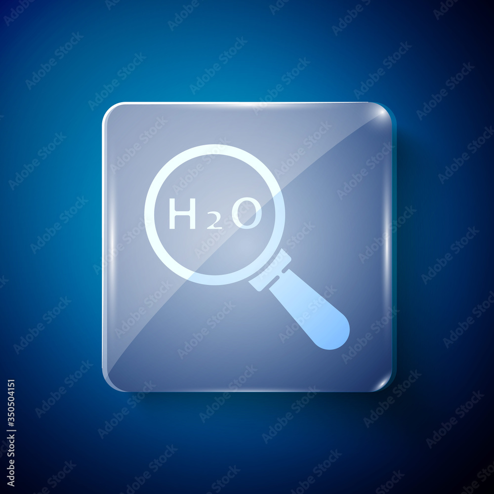 White Chemical formula for water drops H2O shaped icon isolated on blue background. Square glass panels. Vector White Chemical formula for water drops H2O shaped icon isolated on blue background. Square glass panels. Vector