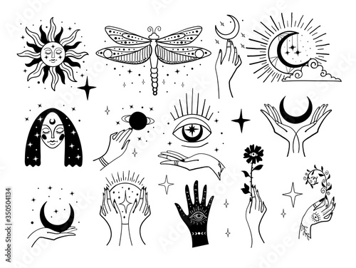 Set of magic symbols, witch tattoos. Crescent moon, sun with face, hands with plants, magic ball and stars. Black linear sketch, boho design, modern vector illustration