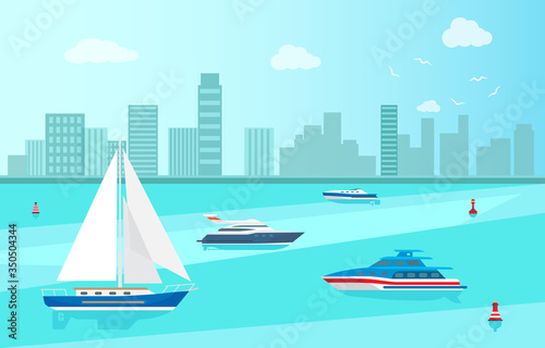 Motor boat or sailboat vector illustration on background of urban city. Fishing vessel, speedboat marine nautical type of transport in flat style