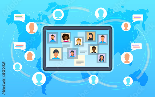 Concept of video conference, workshop training courses. Business team at online meeting work form home. Conference video call with clients during coronavirus quarantine.