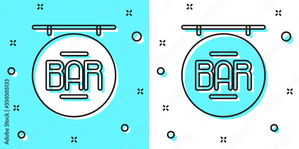 Black line Street signboard with inscription Bar icon isolated on green and white background. Suitable for advertisements bar, cafe, restaurant. Random dynamic shapes. Vector Black line Street signboard with inscription Bar icon isolated on green and white background. Suitable for advertisements bar, cafe, restaurant. Random dynamic shapes. Vector