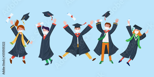 Flat design, College students wearing face masks celebrate graduation. Vector