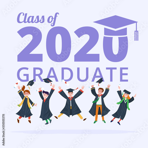 Graduating Class of 2020 Banner with Graduate students jumping. Vector