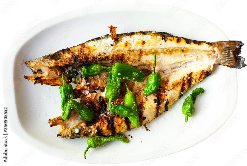 Grilled sea bass with peppers