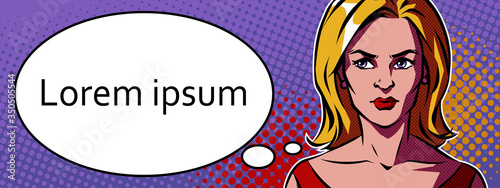 Close up of a woman thinking and speech bubble. Horizontal banner. Pop art vector retro illustration. 