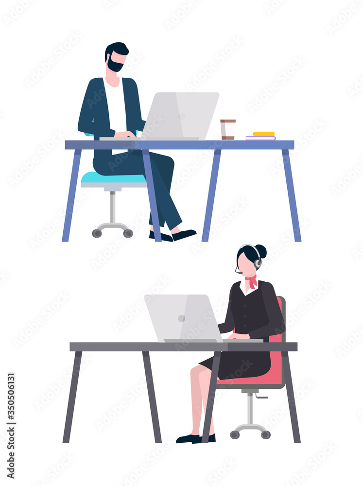 People working on laptops vector, man and woman in office. Male and female sitting by table performing tasks and assignments boss. Programmer and secretary People working on laptops vector, man and woman in office. Male and female sitting by table performing tasks and assignments boss. Programmer and secretary