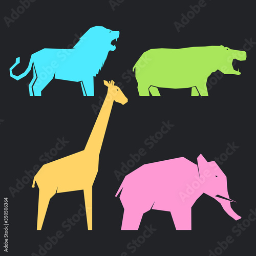 Set of multi-colored african animals in different poses on a dark background, lions and hippos, elephants and giraffes, vector illustration