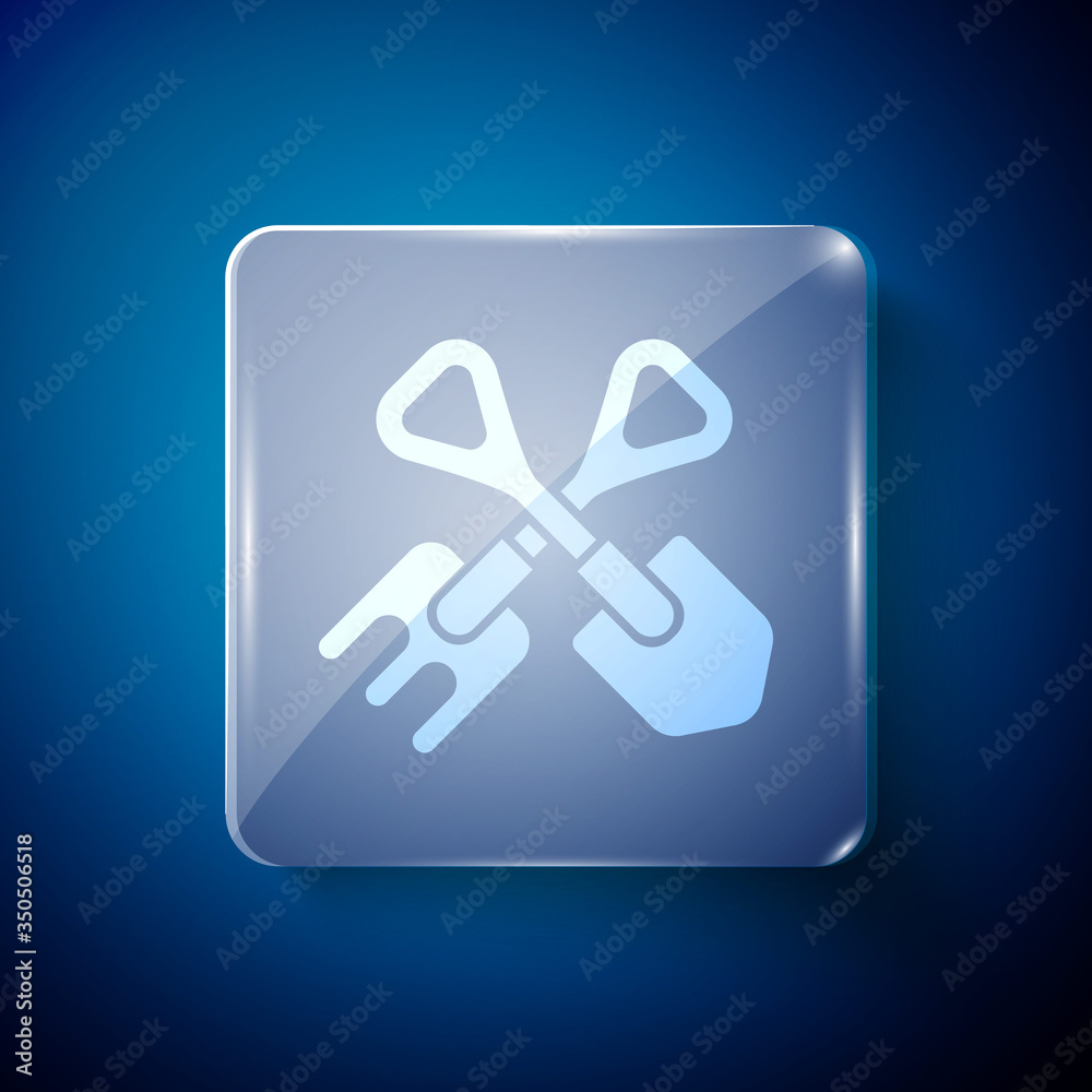 White Shovel and rake icon isolated on blue background. Tool for horticulture, agriculture, gardening, farming. Ground cultivator. Square glass panels. Vector White Shovel and rake icon isolated on blue background. Tool for horticulture, agriculture, gardening, farming. Ground cultivator. Square glass panels. Vector