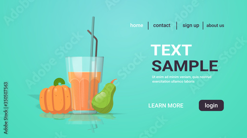 glass of fresh pumpkin juice with straw and whole vegetables copy space horizontal vector illustration