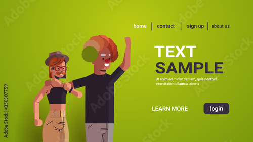 first april fool day guy girl couple wearing funny glasses mustache and clown hat holiday celebration concept horizontal portrait copy space vector illustration