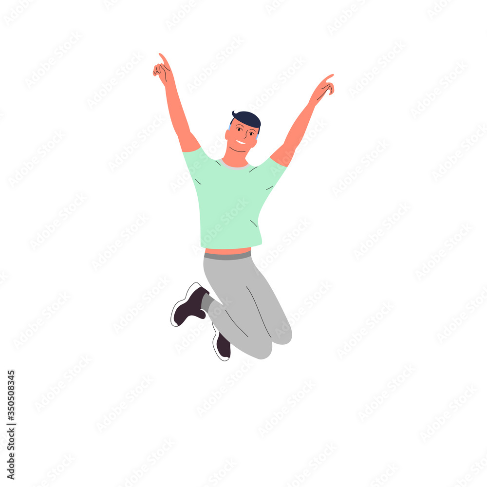 Cheerful man jumping in joy. Isolated on white background. Flat style vector illustration.