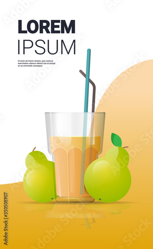 glass of fresh pear juice with straw and green fruits vertical copy space vector illustration