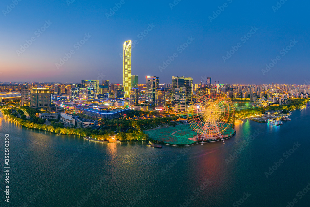 Obraz premium Night view of Jinji Lake East CBD, Suzhou City, Jiangsu Province, China