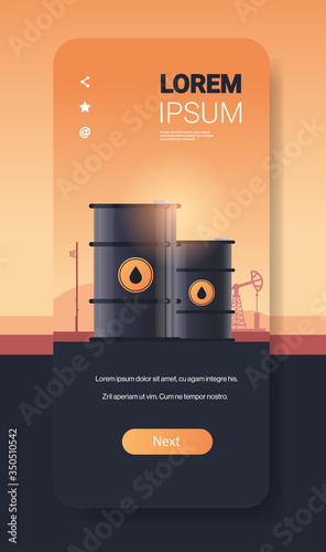 oil barrels petroleum production trade oil industry concept pump jack industrial equipment drilling rig background smartphone screen mobile app vertical copy space vector illustration